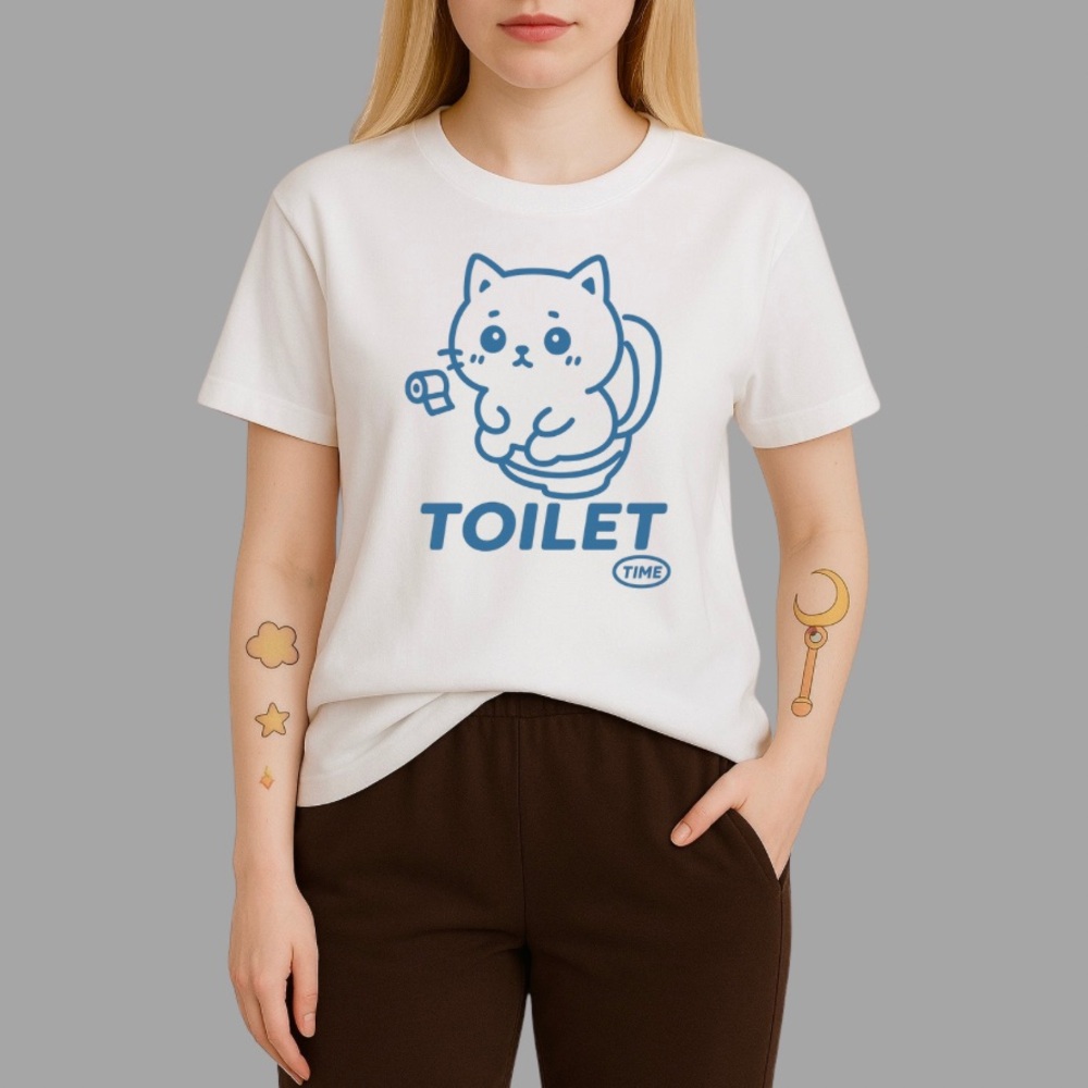 Funny Toilet Time Cat graphics T-Shirt - White